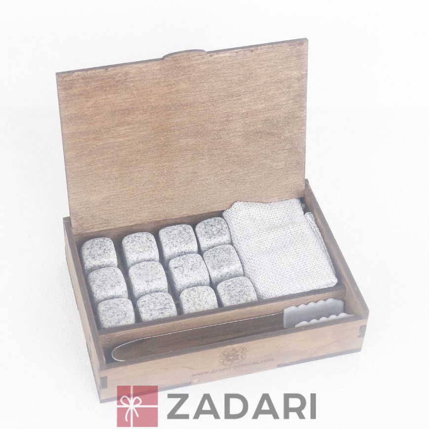 Набор камней 20*20 мм 12 шт для охлаждения виски в деревянной коробке MarbleStone-Gray-12