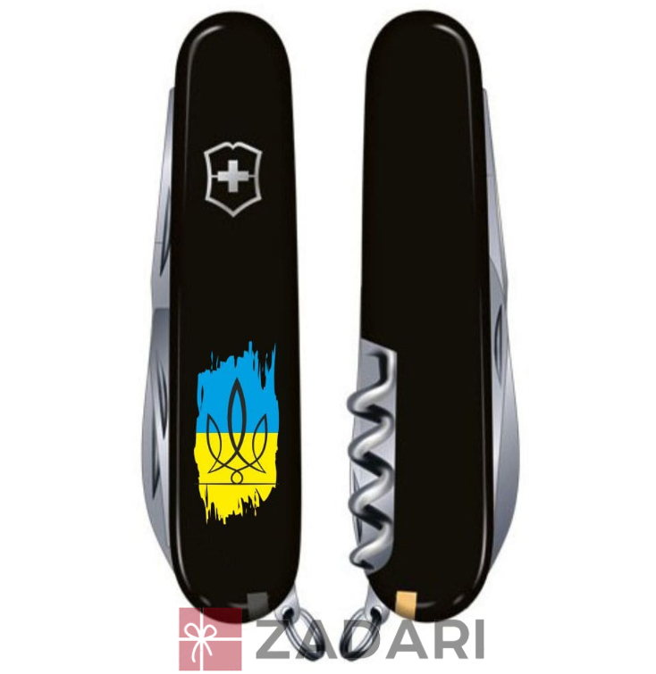 Складной нож Victorinox HUNTSMAN UKRAINE Тризуб фигурный на фоне флага 1.3713.3_T1026u