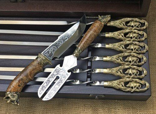 Элитный набор шампуров "Кабан" в кейсе с вилкой и ножом