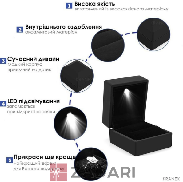 Футляр для кольца с подсветкой, коробочка с LED-подсветкой для украшений черная GH897-01