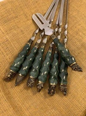 Набор шампуров "Лесные звери" с мраморной ручкой + вилка в кожаном колчане